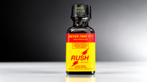 Widescreen 16:9 professional product photography of an authentic Rush bottle with Never Fake It branding, expiration stamp, and clean safety cap layers.