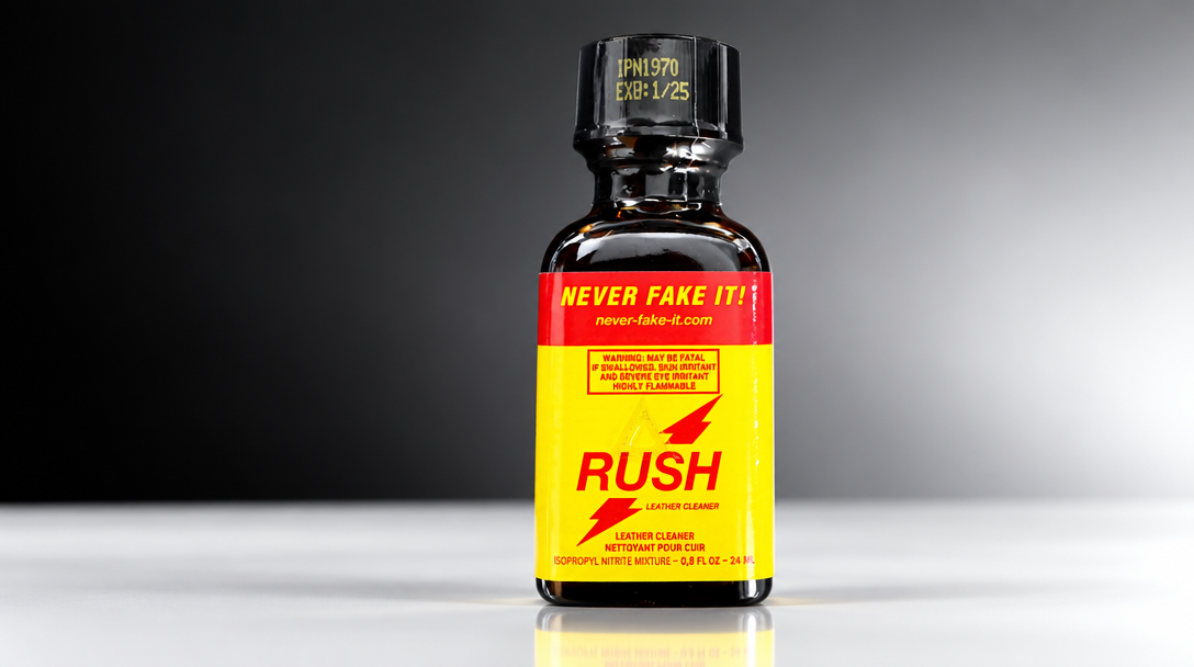 Widescreen 16:9 professional product photography of an authentic Rush bottle with Never Fake It branding, expiration stamp, and clean safety cap layers.