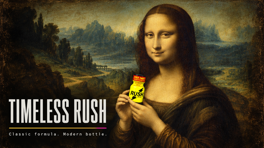 Widescreen 16:9 classic Mona Lisa painting holding a bright highlighted yellow Rush bottle for Harry Poppers Timeless collection.
