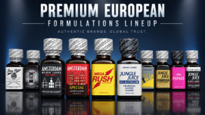 A comprehensive beginner's guide to poppers showcasing premium imported European formulations layout.