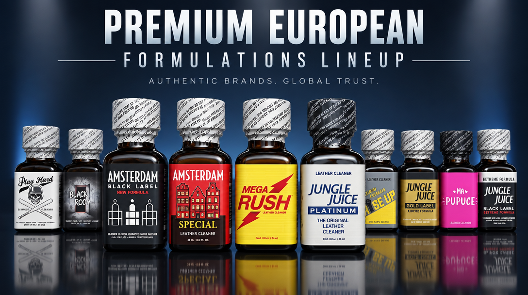 Widescreen 16:9 professional commercial product display showcasing a diverse row of authentic premium brands like Jungle Juice and Mega Rush.