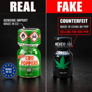 Amsterdam CBD authentic and counterfeit packaging comparison chart for poppers Manila buyers.