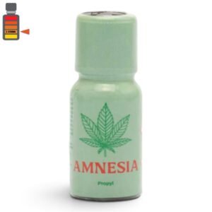 Amnesia Poppers Propyl and Hemp Aroma 15ml green-coated glass bottle layout with leaf graphic.