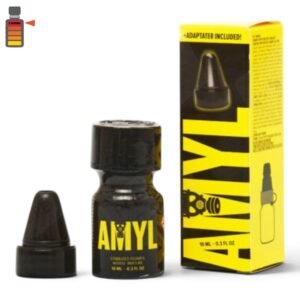 Amyl Poppers 10ml glass bottle with inhaler cap adapter and yellow retail box packaging.