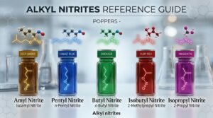 Widescreen 16:9 infographic chart displaying colorful alkyl nitrites liquid bottles and molecular skeletal formulas for consumer guide.