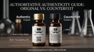 Authoritative guide layout on spotting fake poppers by comparing original versus counterfeit bottles.