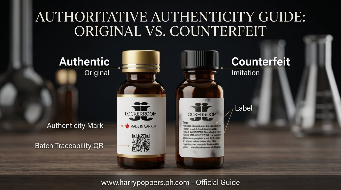 Widescreen 16:9 comparison infographic showing an authentic premium formula bottle next to a counterfeit imitation.