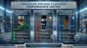 Premium Aroma Cleaner Performance Matrix chart comparing Jungle Juice, C4 Aroma, and Double Scorpio.
