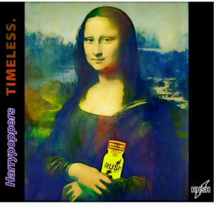 Creative Mona Lisa pop art infographic holding an authentic yellow Rush bottle for Harry Poppers Timeless collection.