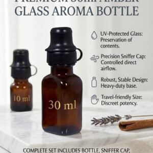Premium Amber Glass Aroma Bottle Set 30ml with precision sniffer cap.