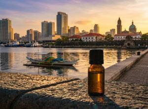 Shop Premium Poppers Online in Manila: A premium dark glass bottle with a city skyline background.