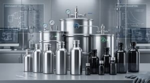 Advanced container engineering presentation highlighting heavy steel casings and aluminum bottle protectors for industrial solvents.