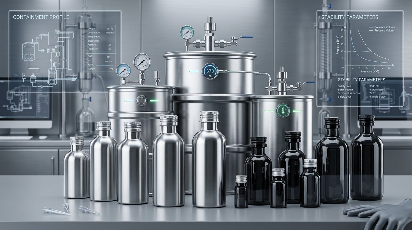 Advanced container engineering presentation highlighting heavy steel casings and aluminum bottle protectors for industrial solvents.
